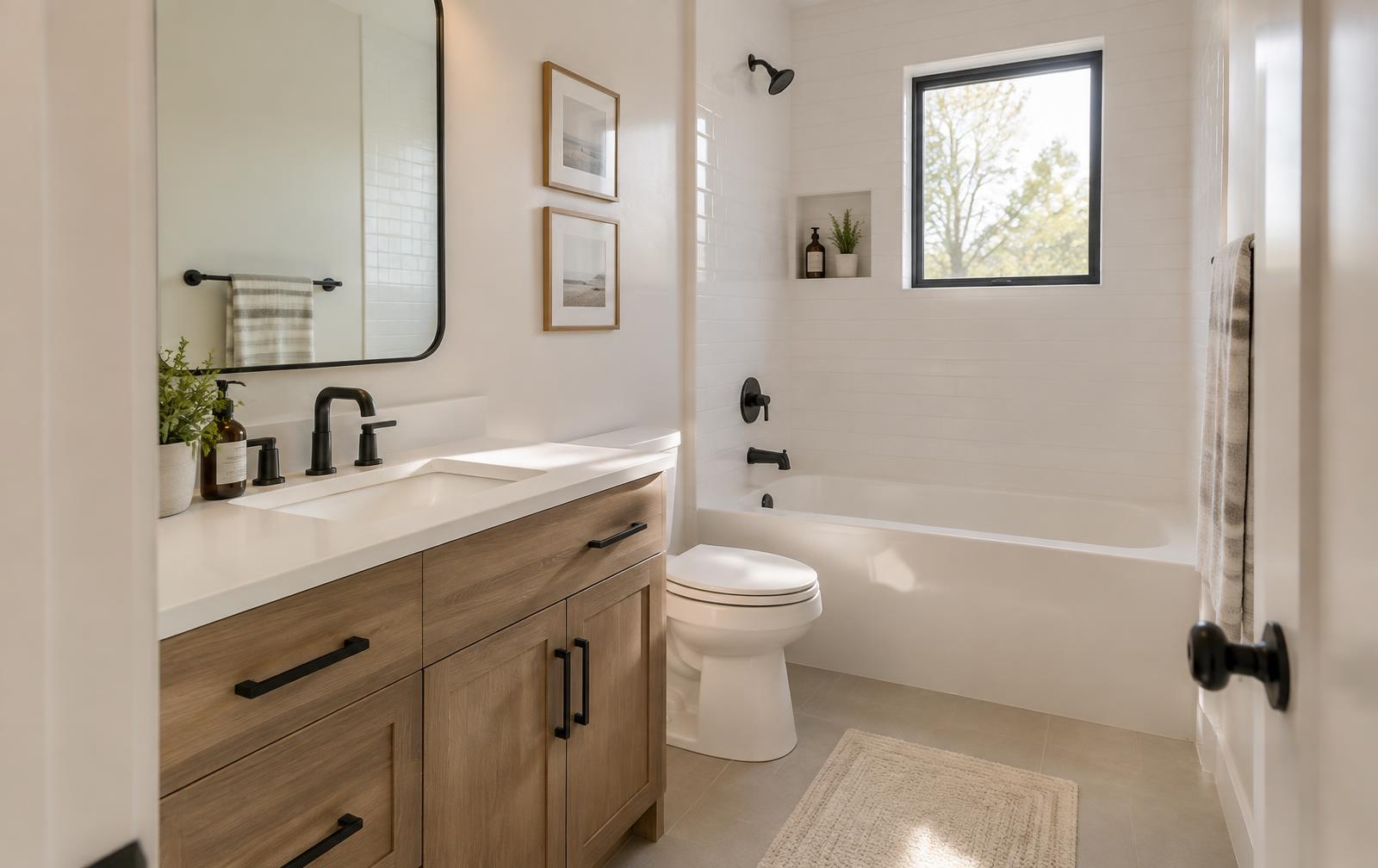Bathroom after remodel with new vanity and fixtures