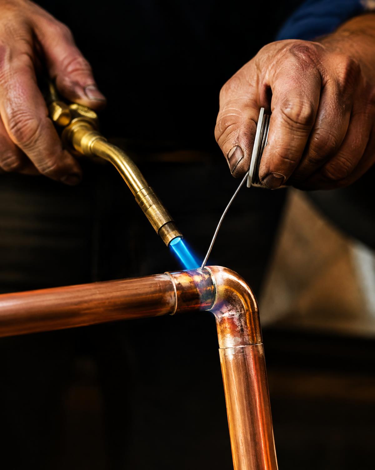 Hands soldering a copper pipe joint with a torch