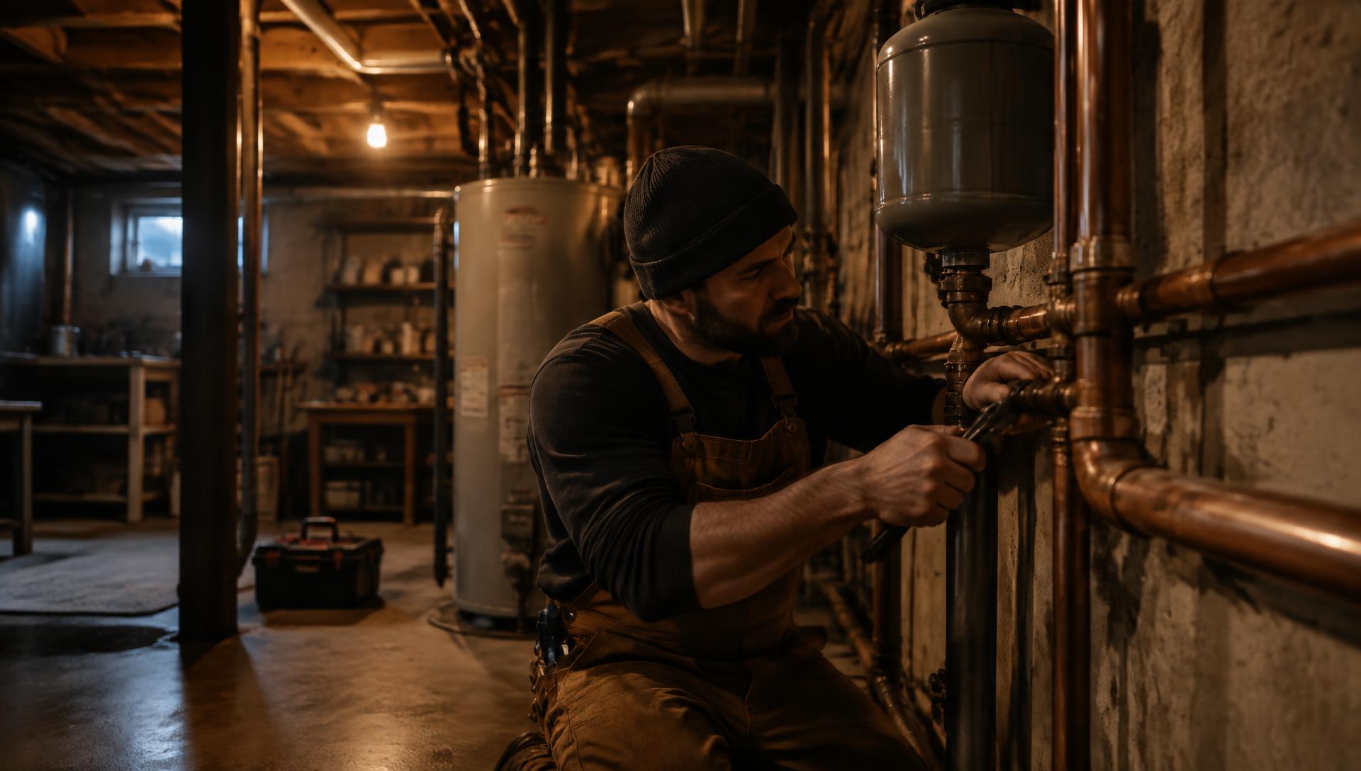 Plumber tightening copper pipe fittings in a basement mechanical room